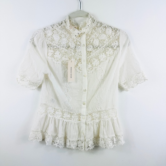 Rebecca Taylor 100% cotton BEAUTIFUL Victorian mock neck eyelet lace blouse NWT - Picture 6 of 14